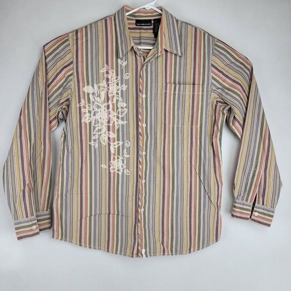 DKNY Jeans Mens Size Large Multicolor Striped Floral Design Long Sleeve Shirt